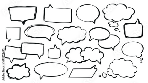 Speech bubbles set of marker brush stroke texture. Doodle handwriting elements with black empty communication frames for text messages in oval, cloud, rectangle and other shapes. Vector illustration.