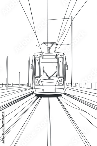 Black and white line drawing of a modern tram on city railway tracks with overhead wires