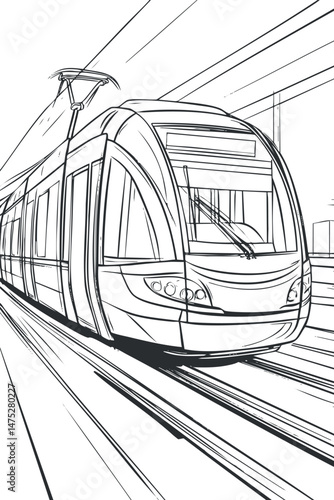 Black and white sketch of a modern tram running on rail tracks in an urban public transportation setting.
