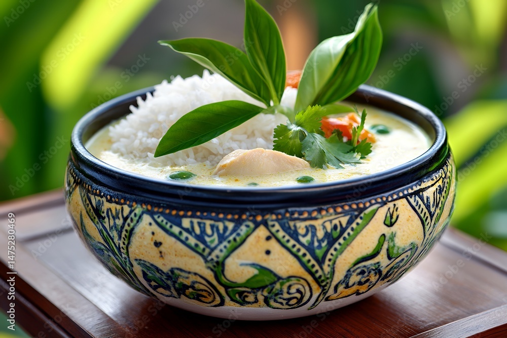 Exquisite thai green curry with rice in ornate bowl and fresh herbs Exquisite thai green curry with rice in ornate bowl and fresh herbs