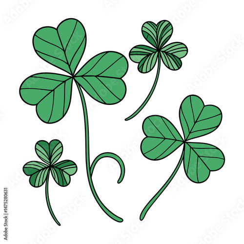 Set of Green Shamrock Clover Leaf in Cartoon and Flat Style St Patrick’s Day Lucky symbol vector collection, isolated on transparent