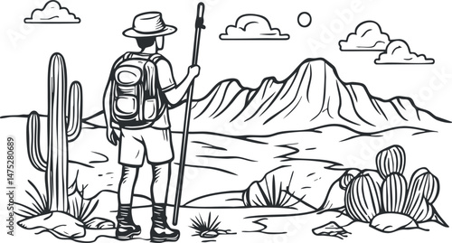 Black and white drawing of a hiker with backpack and walking stick exploring a desert landscape with cacti and mountains under a sunny sky