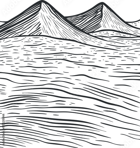 Black and white line art of mountainous desert landscape with sand dunes and peaks