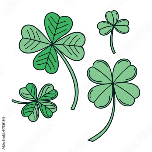 Set of Green Shamrock Clover Leaf in Cartoon and Flat Style St Patrick’s Day Lucky symbol vector collection, isolated on transparent