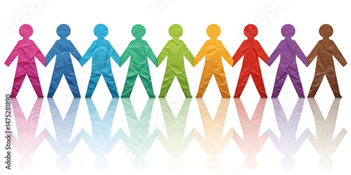 colorful paper cutout figures holding hands in rainbow diversity chain isolated on white background.
