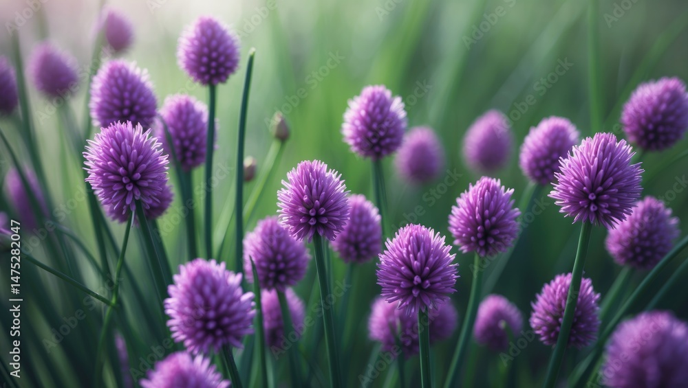 Obraz premium Green foliage and pink chive flowers outdoors in spring