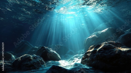 Fototapeta Naklejka Na Ścianę i Meble -  A 4K photo of underwater view of the dark blue sea with rocks and sun rays.