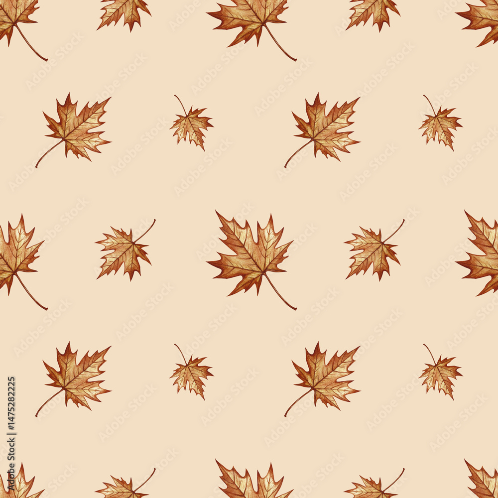 Seamless pattern with autumn maple leaves. Handmade watercolor illustration. On a colored background. Great for packaging, decor, textiles and wallpaper, for printing and wrapping paper. Seamless pattern with autumn maple leaves. Handmade watercolor illustration. On a colored background. Great for packaging, decor, textiles and wallpaper, for printing and wrapping paper.