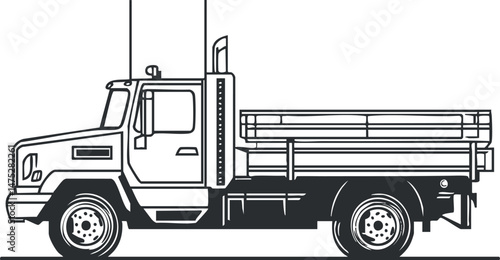 Black and white line drawing of a flatbed truck used for transporting cargo and freight on roads