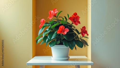 White flowerpot house plant on a white table with beige background symbolizes welcoming and hospitality