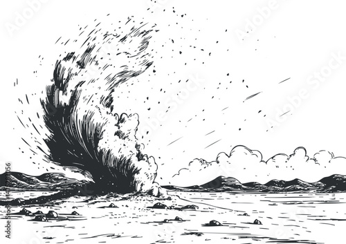 Black and white illustration of a geyser eruption in a mountainous natural landscape with steam and clouds