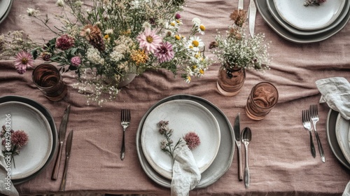 Rustic Floral Table Setting with Pink Linen Tablecloth