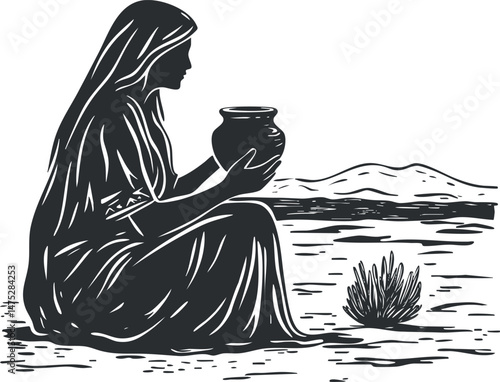 Black and white silhouette of a woman sitting in a desert landscape holding a pot, peaceful and serene