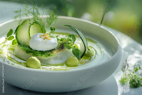 Fototapeta Naklejka Na Ścianę i Meble -  Gourmet green dish with poached egg, herbs, and avocado creme in white bowl