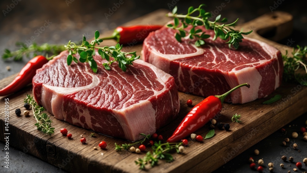 Two traditional fresh rib eye steaks laid out on a wooden board Two traditional fresh rib eye steaks laid out on a wooden board