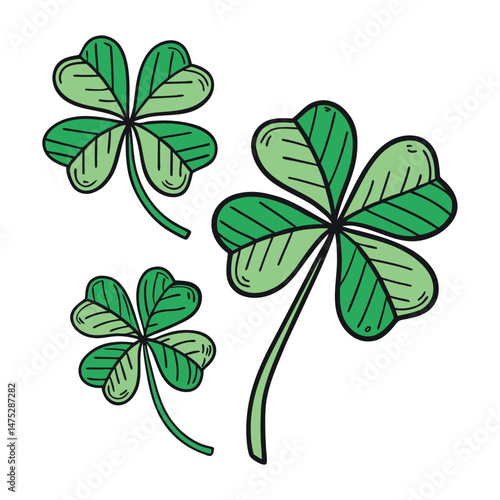 Set of Green Shamrock Clover Leaf in Cartoon and Flat Style St Patrick’s Day Lucky symbol vector collection, isolated on transparent