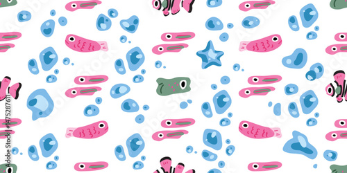 Seamless Colorful Fish Bubble Pattern. Cartoon fish in pink, green and striped hues drift between blue bubbles and star motifs, forming an endless seamless repeat on a crisp white background.