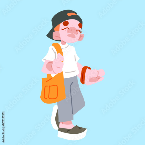 Teenager Carrying Orange Tote Bag. Stylized teenage boy in a white T‑shirt, grey pants and backwards cap, carrying an orange tote bag against a light‑blue background in flat cartoon style.