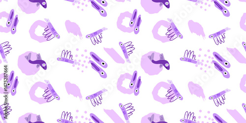 Seamless Purple Flying Fish Pattern. Playful lavender cartoon fish with wing‑like fins, bubbles, and splash accents repeat seamlessly on a crisp white background.