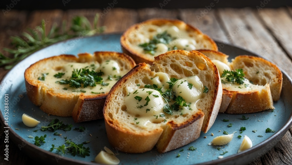 Overhead view of garlic, cheese, and herb-topped toasted bread slices on a table, space for text Overhead view of garlic, cheese, and herb-topped toasted bread slices on a table, space for text