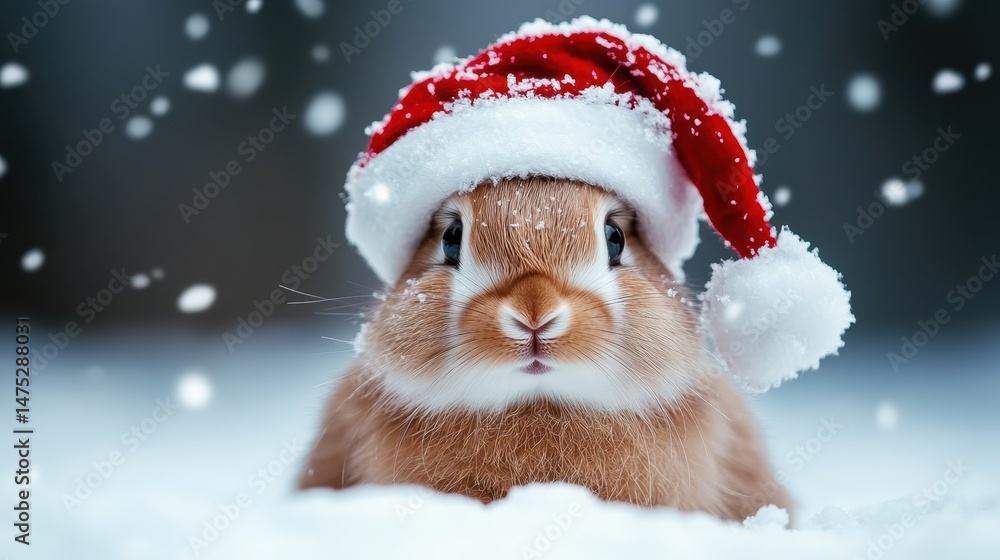 A charming rabbit adorned with a Santa hat sitting in snow, creating a whimsical and festive atmosphere, perfect for celebrating the holiday season with warmth and joy. A charming rabbit adorned with a Santa hat sitting in snow, creating a whimsical and festive atmosphere, perfect for celebrating the holiday season with warmth and joy.