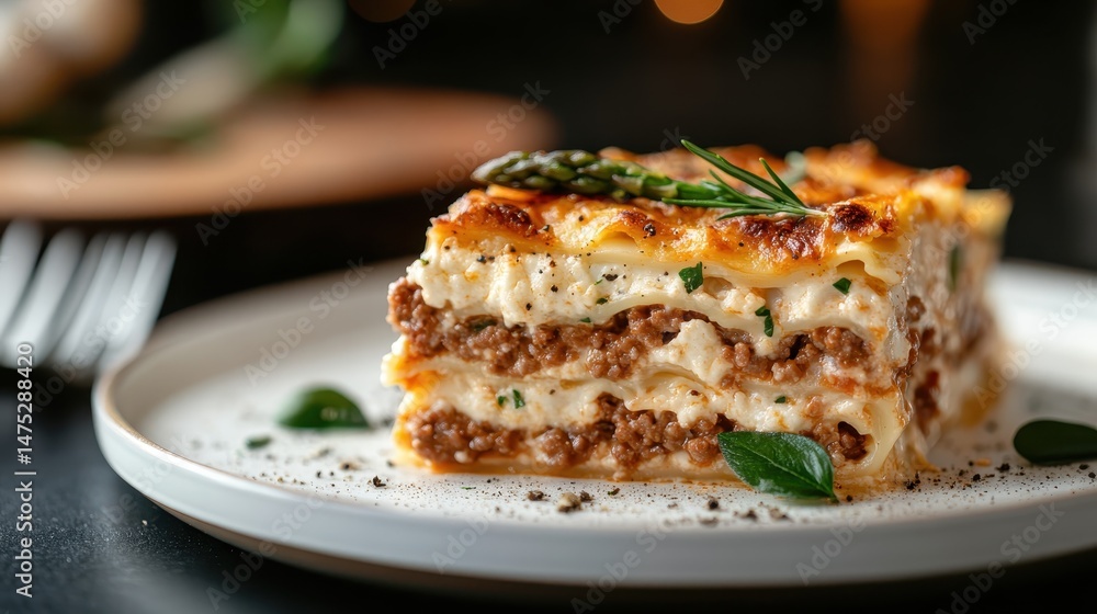 A mouth-watering slice of layered lasagna sits on a stylish plate, showcasing rich flavors of meat and cheese, perfect for any Italian cuisine lover. A mouth-watering slice of layered lasagna sits on a stylish plate, showcasing rich flavors of meat and cheese, perfect for any Italian cuisine lover.