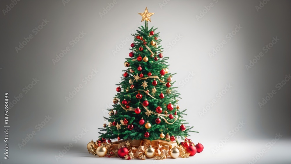 Elegant golden Christmas tree standing alone on a white surface Elegant golden Christmas tree standing alone on a white surface