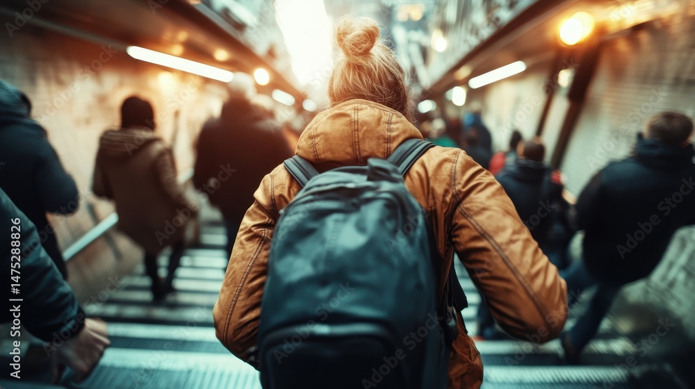 A figure descends a subway staircase, immersed in the energy of a bustling urban scene, reflecting the daily life and motion of a vibrant city. A figure descends a subway staircase, immersed in the energy of a bustling urban scene, reflecting the daily life and motion of a vibrant city.
