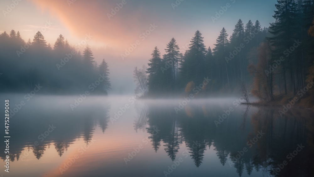 Fototapeta premium Serene forest landscape during October sunrise with mist over a peaceful lake and colorful foliage reflected in the water