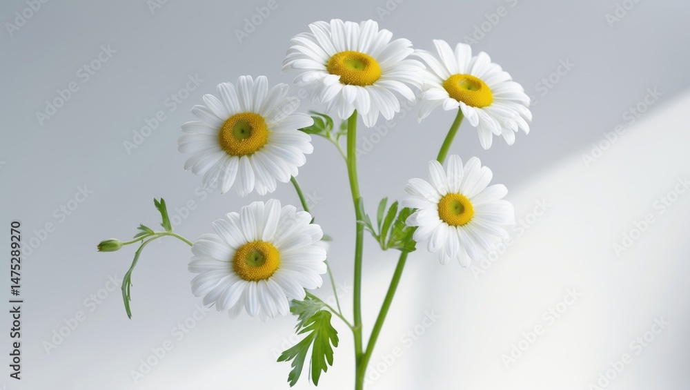 Obraz premium Isolated camomile blossom and foliage on one stalk with a white background