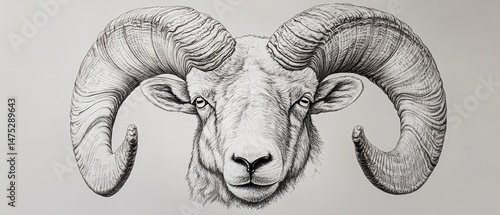 Detailed pencil sketch of a majestic ram's head, showcasing its impressive horns and intense gaze.