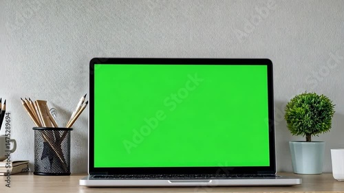 Laptop with green chroma key screen placed on wooden desk next to stationery holder and small plant, creating comfortable workspace for creative projects.