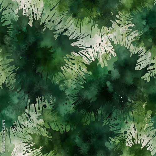 Christmas tree branches, Green watercolor splash background 