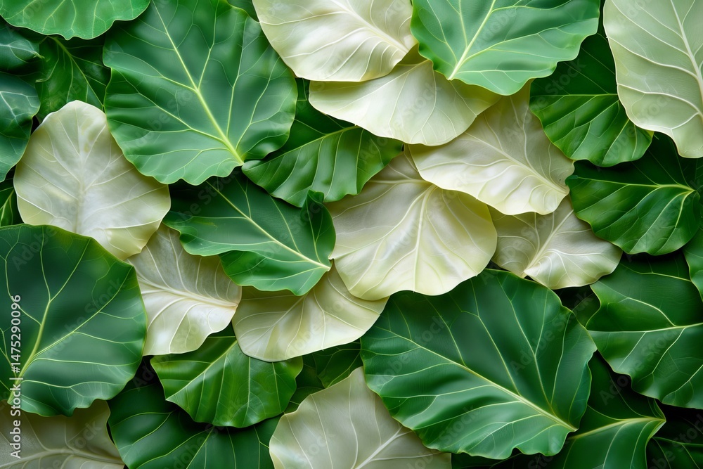 Fototapeta premium A vibrant arrangement of lush green leaves, showcasing a variety of shapes and shades, creating a fresh and natural atmosphere.