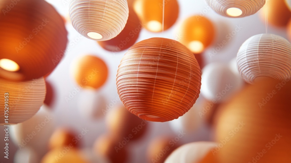 Fototapeta premium Orange and White Textured Pendant Lamps Hanging from Ceiling