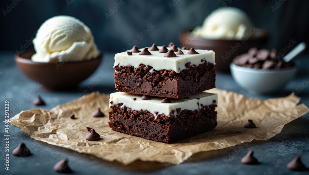 Macro view of a luscious chocolate brownie served with vanilla ice cream and dark chocolate drizzle Macro view of a luscious chocolate brownie served with vanilla ice cream and dark chocolate drizzle