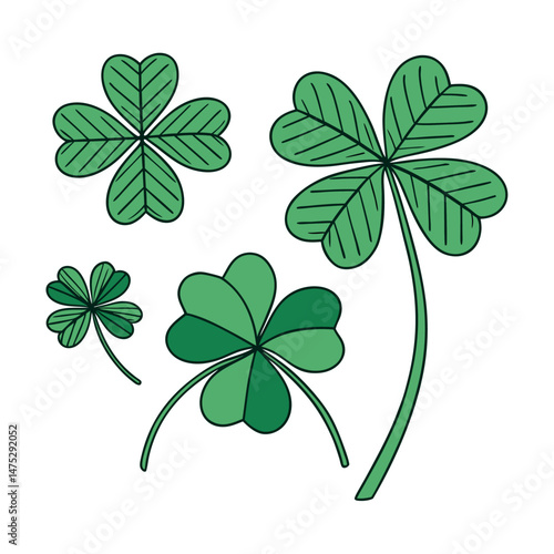 Set of Green Shamrock Clover Leaf in Cartoon and Flat Style St Patrick’s Day Lucky symbol vector collection, isolated on transparent