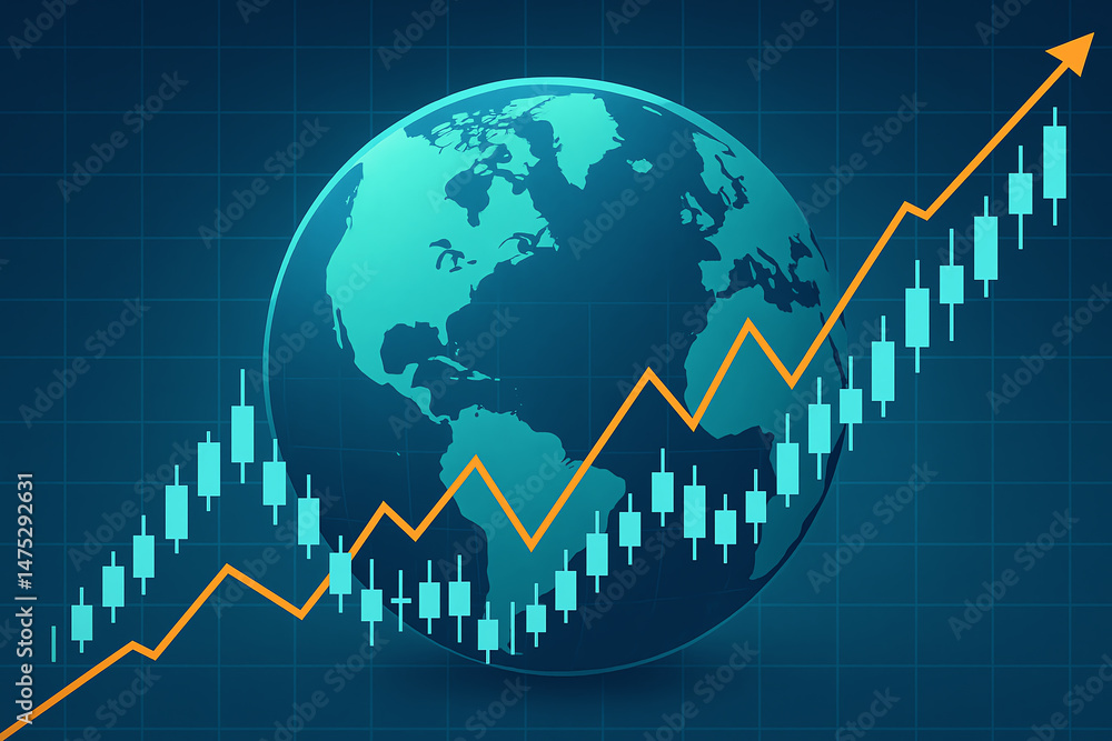 Fototapeta premium This image illustrates global market growth with an upward trend chart overlaying a globe, symbolizing financial progress, commerce, and economic development in today's world.