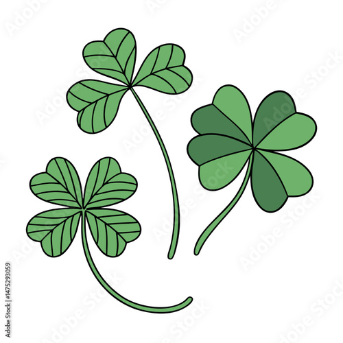 Set of Green Shamrock Clover Leaf in Cartoon and Flat Style St Patrick’s Day Lucky symbol vector collection, isolated on transparent