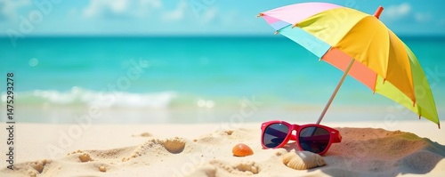 Wallpaper Mural Colorful beach umbrella on sandy shore with seashells and sunglasses, umbrella, travel Torontodigital.ca