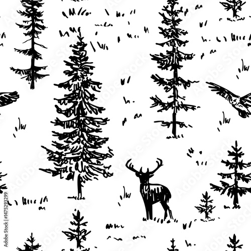Forest, pine trees sketches , seamless pattern, doodle illustration, vector, hand drawn, monochrome