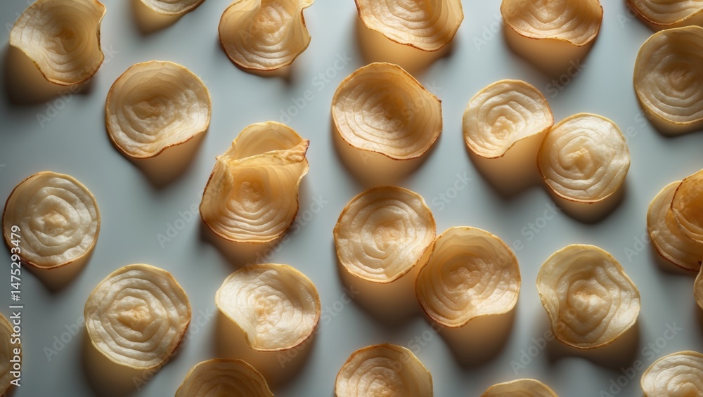 Overhead view of crispy chips with spicy flavor on a textured surface Overhead view of crispy chips with spicy flavor on a textured surface