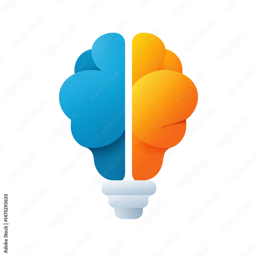 Colorful brain icon with blue and orange halves, symbolizing creativity and innovation