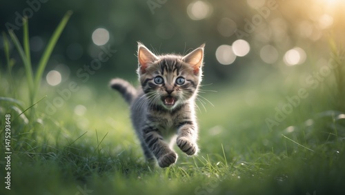 Happy little feline playing outside in green grass on a sunny summer day.