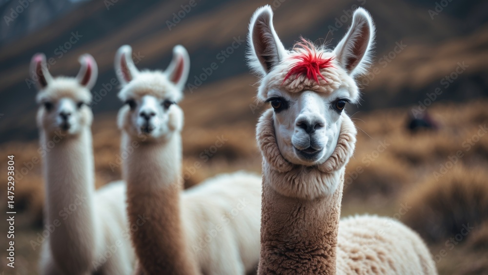 Obraz premium Beautiful alpaca featuring cinematic effects and quirky earrings in Cusco Peru