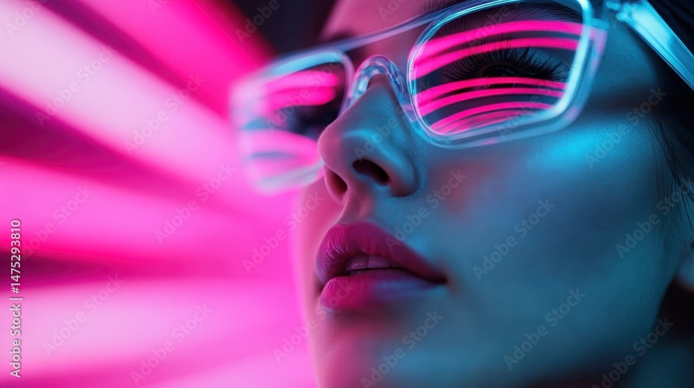 A captivating close-up of sunglass-wearing person captured under vibrant neon lights, showcasing a futuristic style that combines fashion with artistic brilliance and modern vibes. A captivating close-up of sunglass-wearing person captured under vibrant neon lights, showcasing a futuristic style that combines fashion with artistic brilliance and modern vibes.
