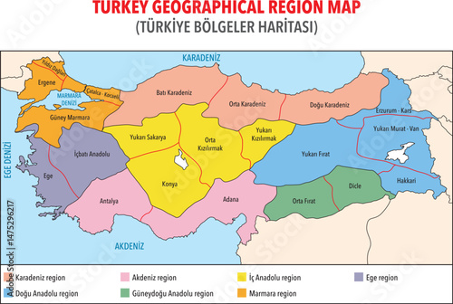 Türkiye map, 7 regions detailed drawn Turkey map white vector background. Türkiye Regions Map. Central Anatolia, Black Sea, Eastern Anatolia, Aegean, Southeastern Anatolia, Marmara, Mediterranean