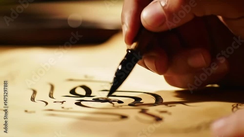 Close-up of hand writing Arabic calligraphy with traditional pen