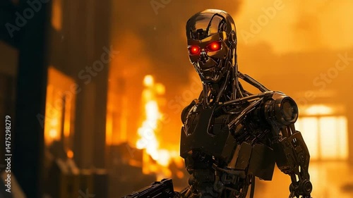 Close-up of a highly advanced robot standing in a warehouse on fire