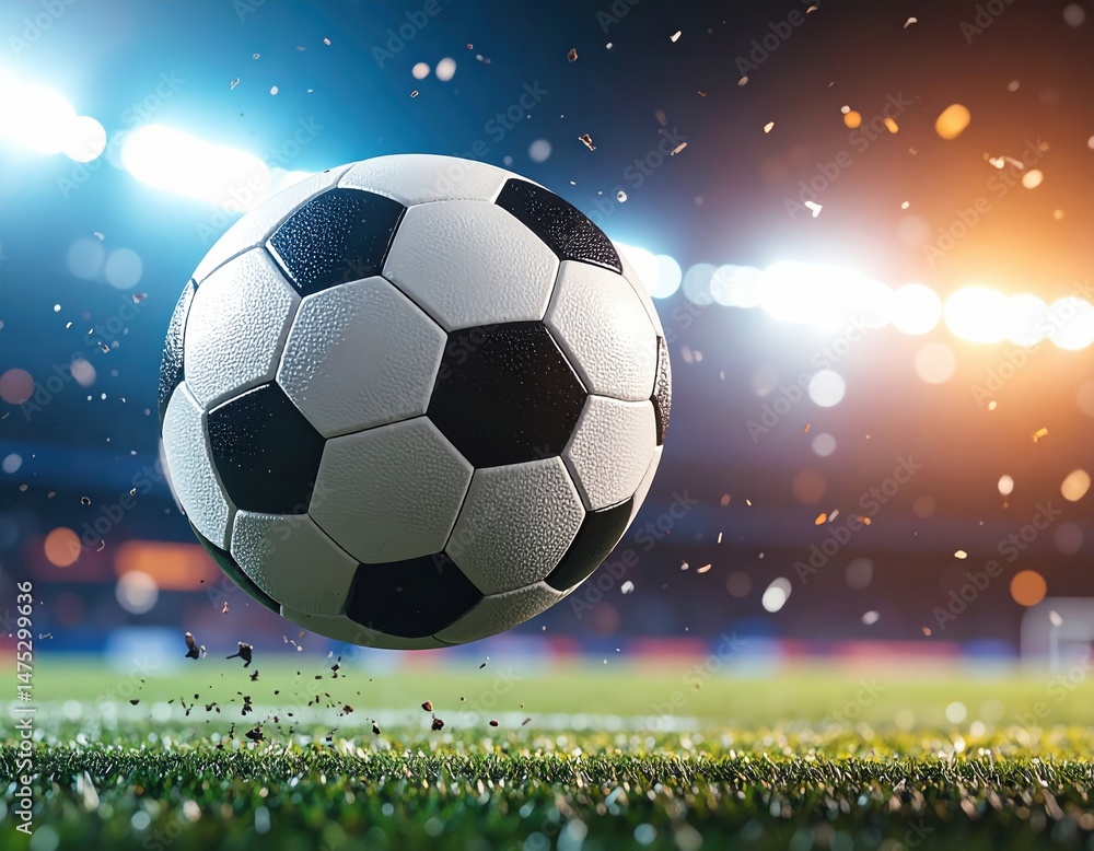 Obraz premium Soccer ball in motion under stadium lights on grass field at night